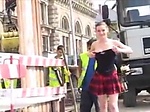 Blonde skinny girl flashing and pissing in construction 
