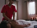 Slutty masseuse Jade Kush gives sexy clients pussy a li 