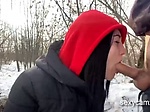 Slutty brunette gets fucked outdoor in cold Russian win 