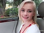 Playful blonde flashing tits and pussy in car 